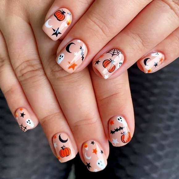 🎃🕸️NEW Pumpkin Ghost Halloween Square Short Nails 👻💅🏻 - Picture 1 of 4